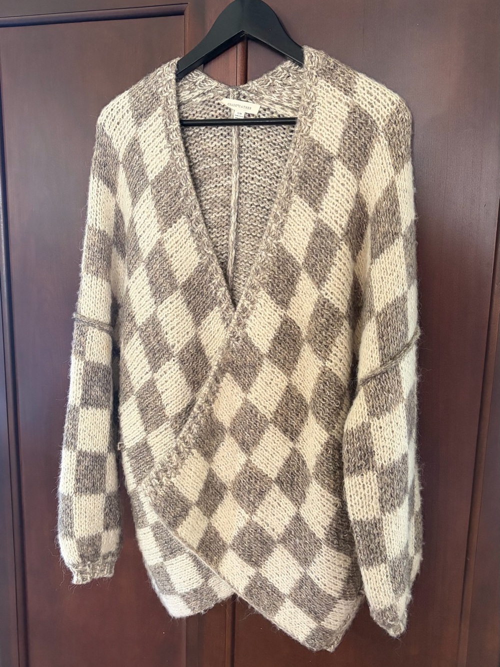 Grade & Gather Checker Knit Open-Front Sweater Cardigan - Cream & Brown